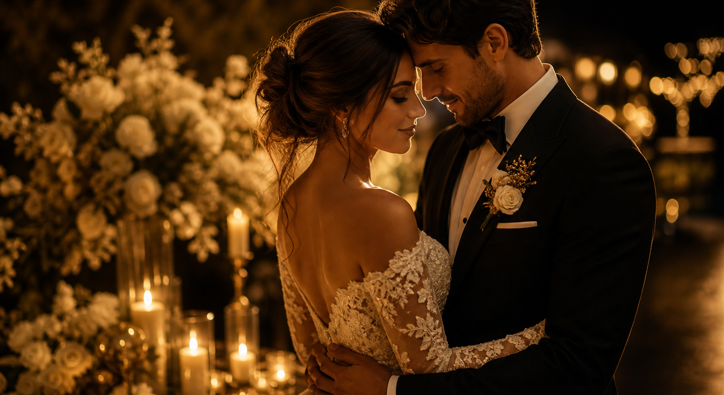 Elegantes Hochzeitspaar in romantischer Stimmung