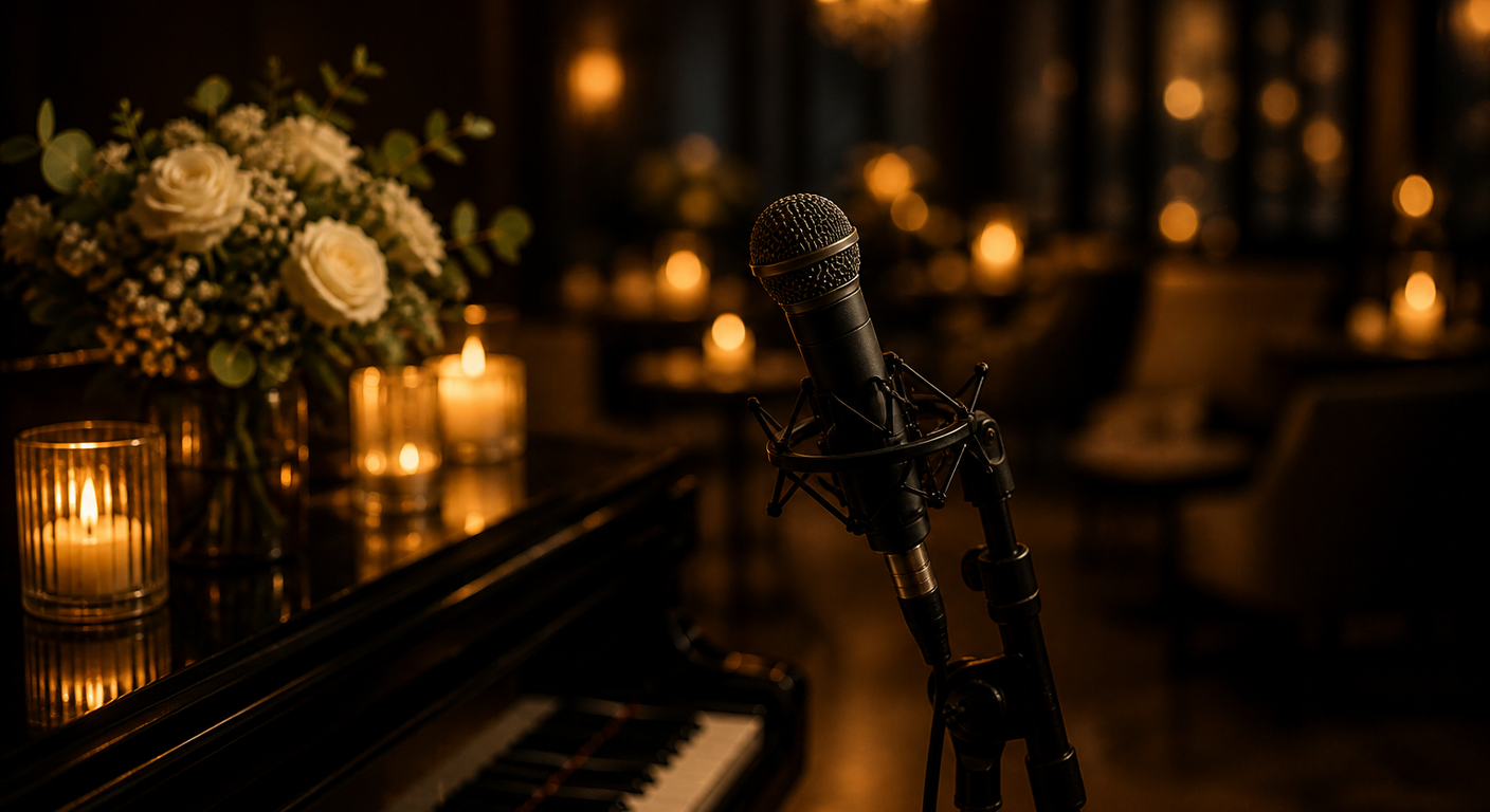 Mikrofon und Piano in warmer Atmosphäre für einen persönlichen Hochzeitssong